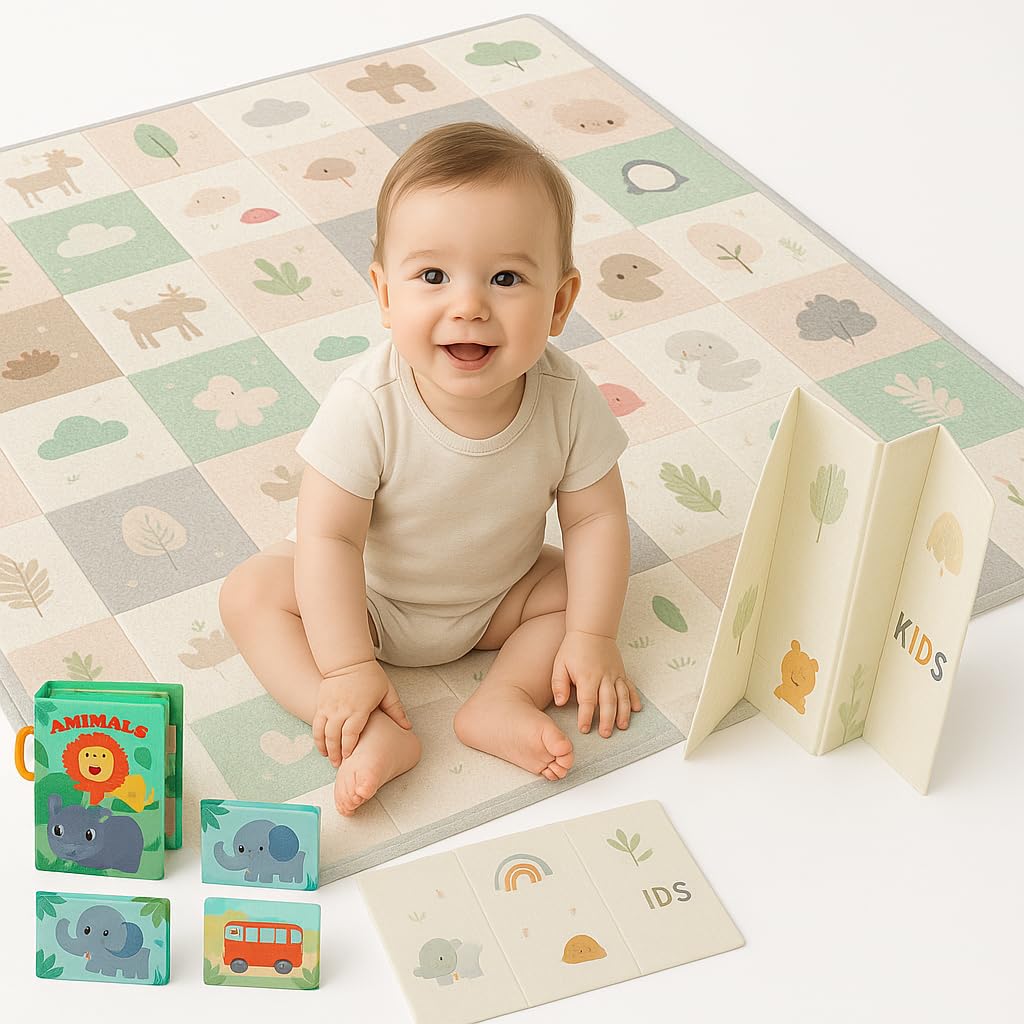 PARVULI Alfombra Bebe Acolchada Plegable Reversible + Libro Sensorial | Tapete Acolchado Bebes | Alfombra Infantil | Colchoneta Suelo para Juegos y Gateo (150x180CM + CUENTO SENSORIAL)