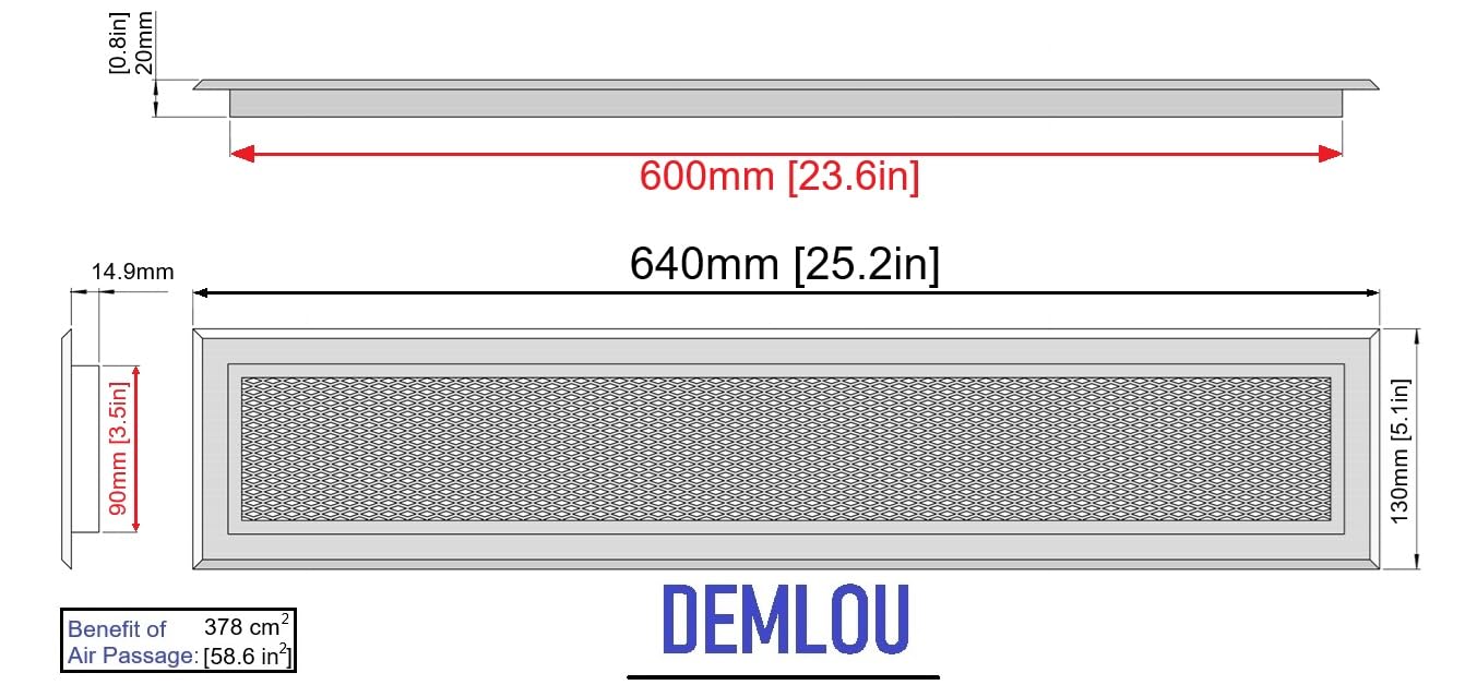 Rejilla de ventilación aluminio perforado con malla protectora – Blanco RAL 9016 – difusor aire caliente interior/exterior – rejilla lineal 60x9 cm.