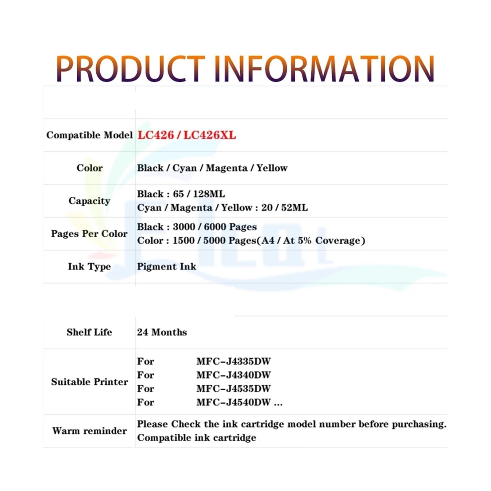 Cartuccia ink LC426 LC426XL, compatibile con Brother