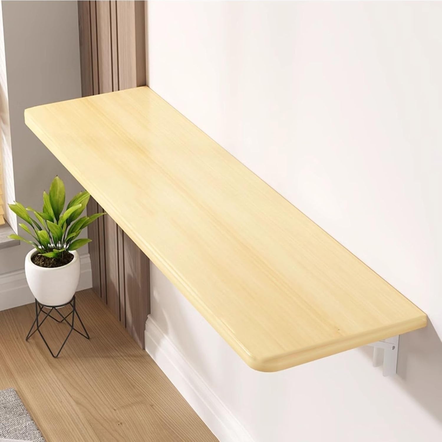 Compact Wall-Mounted Folding Table, Versatile Workspace Desk, Space-Saving, Wooden Top with 2 Metal Brackets, Ideal for, Office, Kitchen, and Dining Room, Natural + White