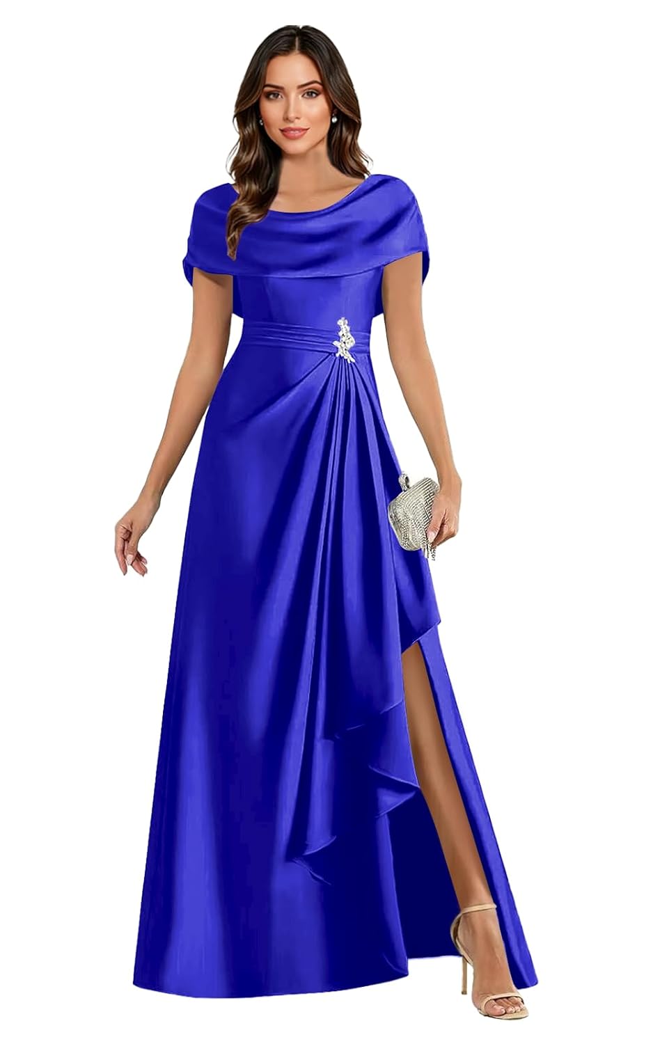 Ruffle Pleated Mother of The Bride Dresses Long with Cape Beaded Slit Satin Formal Evening Gowns