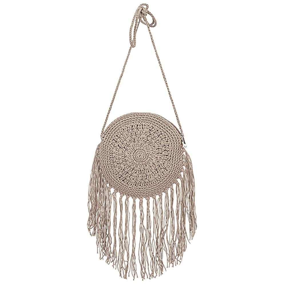 Van Caro Handwoven Cotton Straw Shoulder Bag Crochet Tassel Beach Bohemian Purse for Women