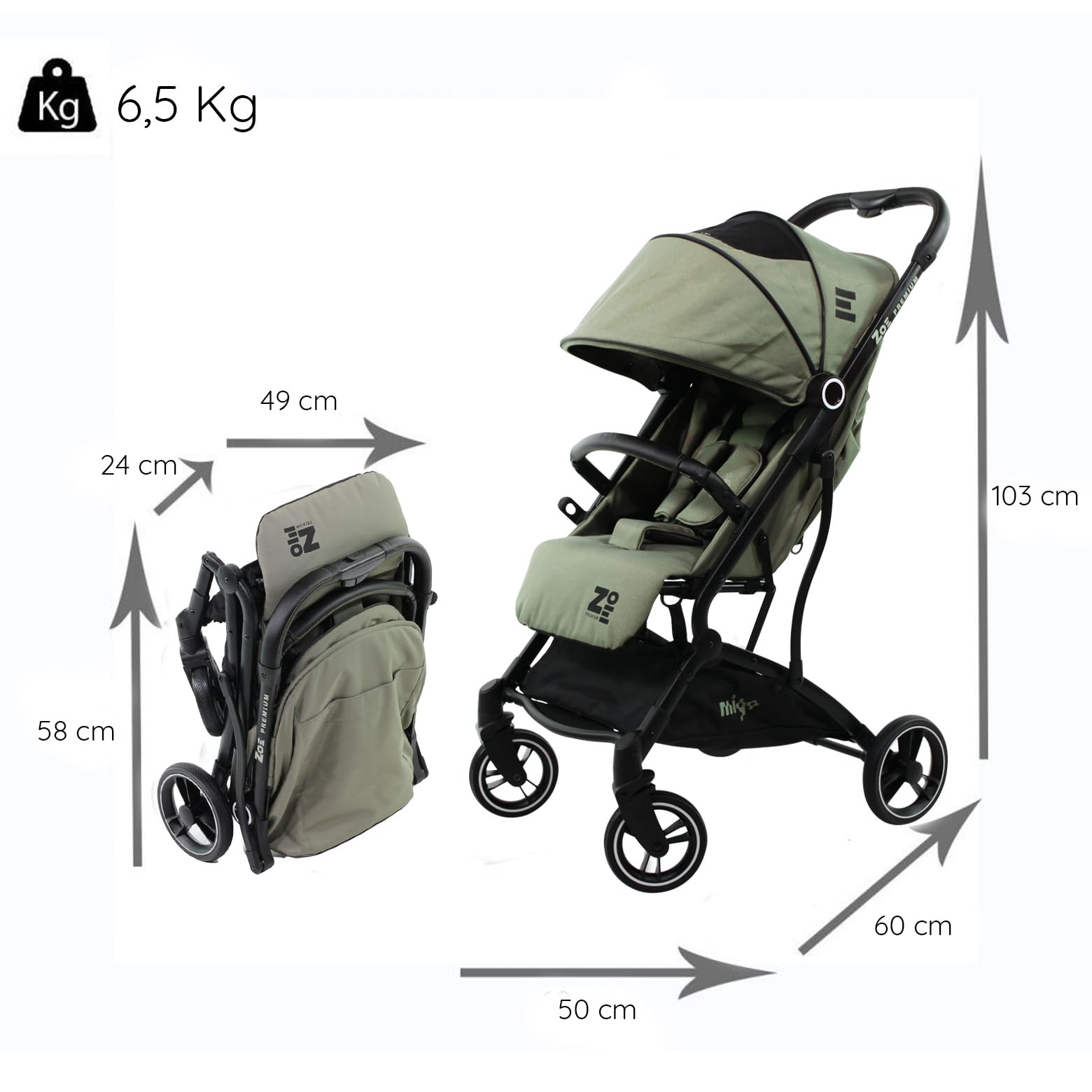 Silla de paseo compacta ZOE a partir de 6 meses - 22 kg máx., ligera y fácil de manejar - se pliega con una sola mano - cubrepiernas, burbuja de lluvia y bolsa de transporte incluidos (Zoe kaki)