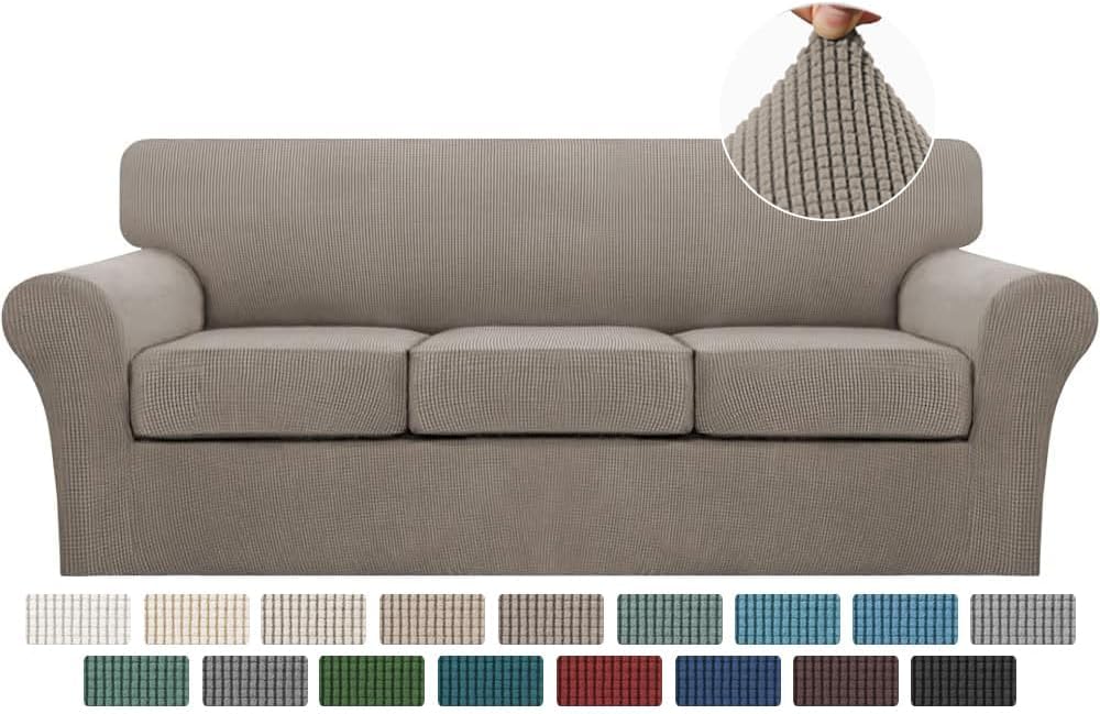 Turquoize 4 Piece Couch Covers for 3 Cushion Couch Sofa Pet Friendly Stretch Couch Cover for Dogs Washable Sofa Covers with Individual Couch Cushion Covers, Jacquard Fabric (3 Cushion Sofa, Taupe)