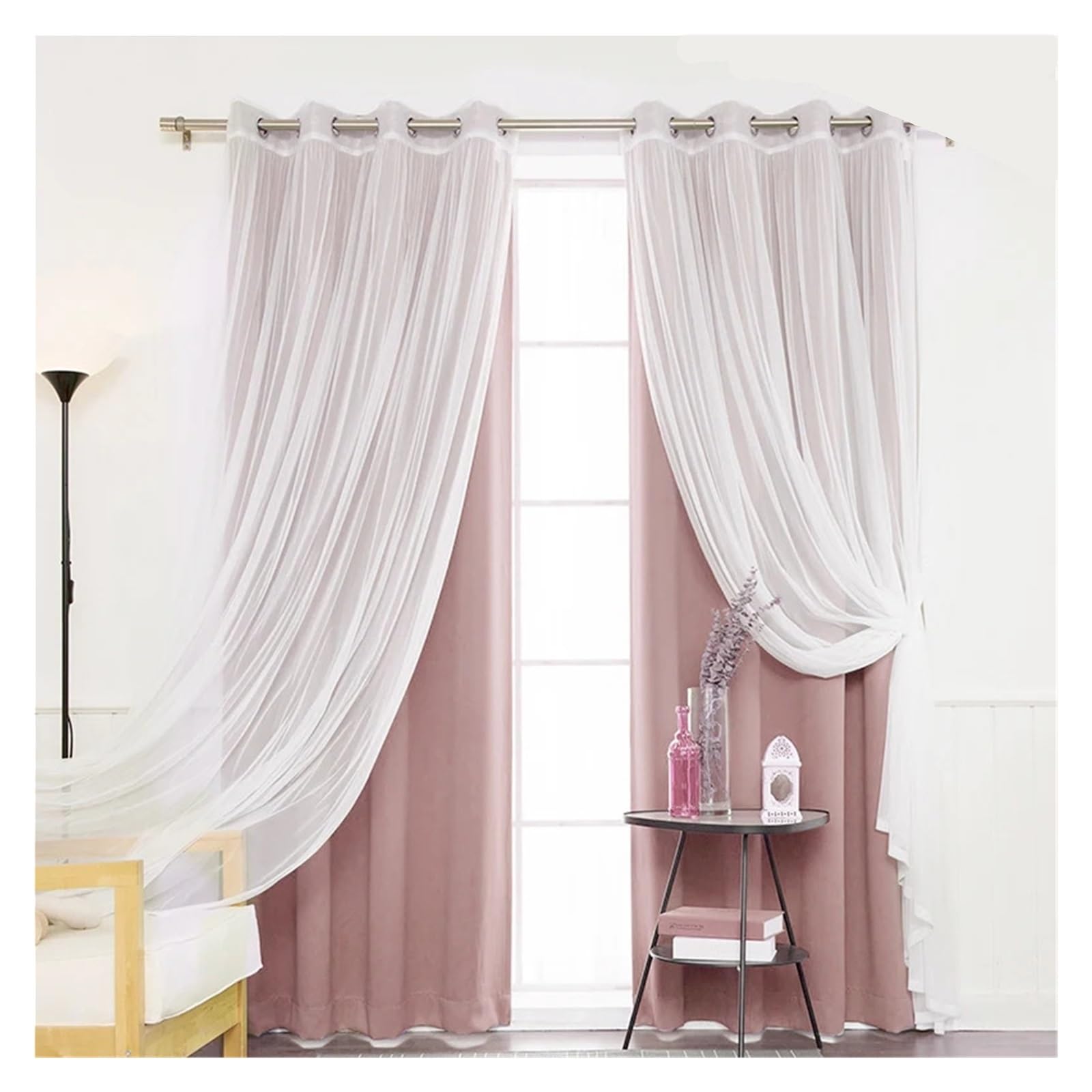 DHYUACN Living Room Curtains Double Layered Solid Blackout and Sheer Window Curtain for Living Room Bedroom(Color 4,Rod,W400cmxL270cm)