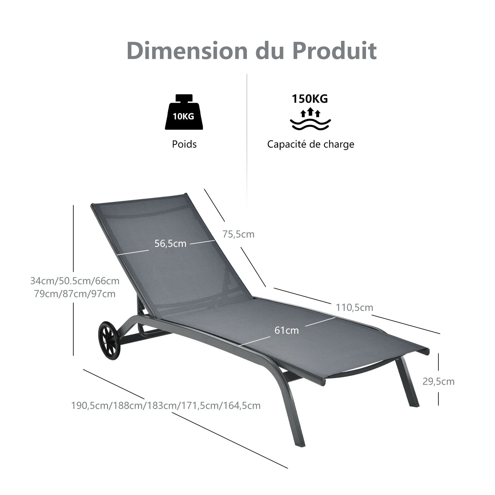 COSTWAY 2PCS Bains de Soleil à Roues, Dossier Inclinable 6 Positions, Gris