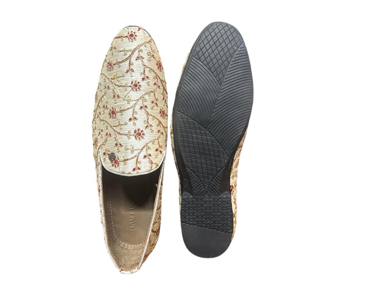 New Classic Wedding Collection Shoes jutis for Men Made by Premium Cloth Floral Printed Slip-On Shoes for Women, Beige and Maroon-image-34