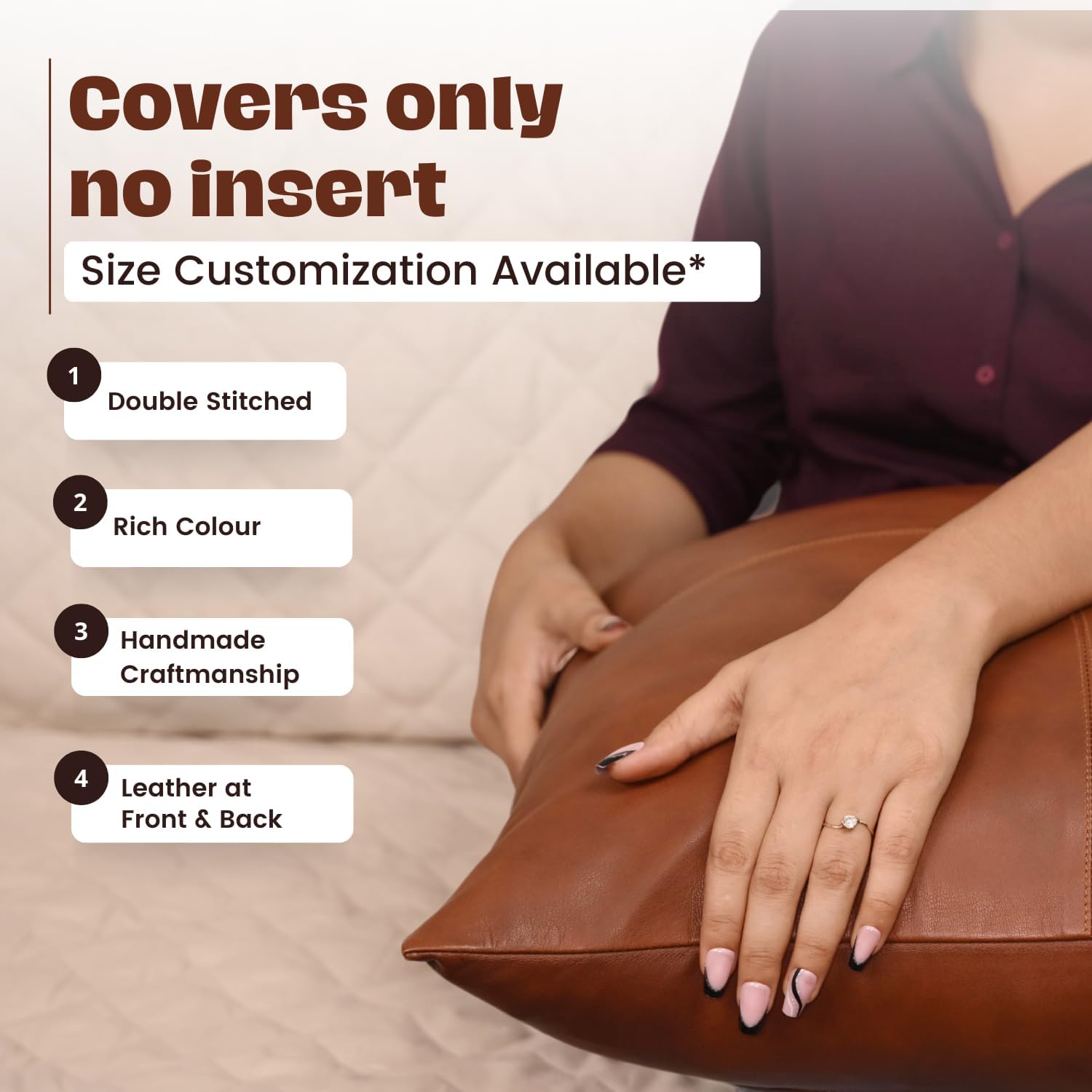 Lambskin Leather Pillow Cover - Sofa Cushion Case - Decorative Throw Covers for Living Room & Bedroom, 14x14 Inches - Mango Tan Antique Pack of 1