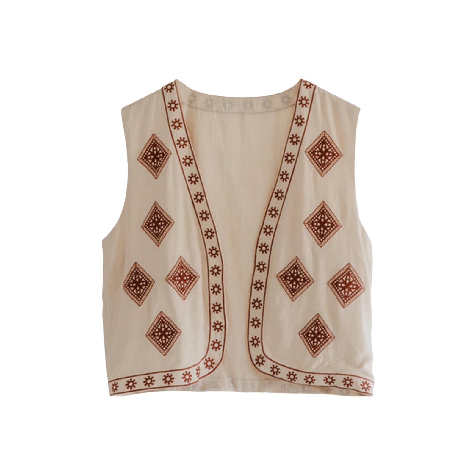 FeMereina Women's Vintage Floral Embroidered Vest Boho Casual Open Front Sleeveless Cardigan Waistcoat (Khaki, L)
