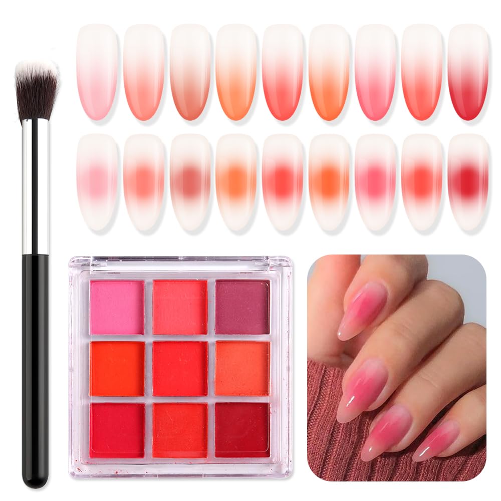 SUTOKAKA 9 Colors Solid Neon Phosphor Ombre Nail Powder Set, Fluorescent Pigment Powder Glitter Pink Red Rubbing Dust with Nail Ombre Brush for Gradient Nail Art Manicure DIY Accessories…