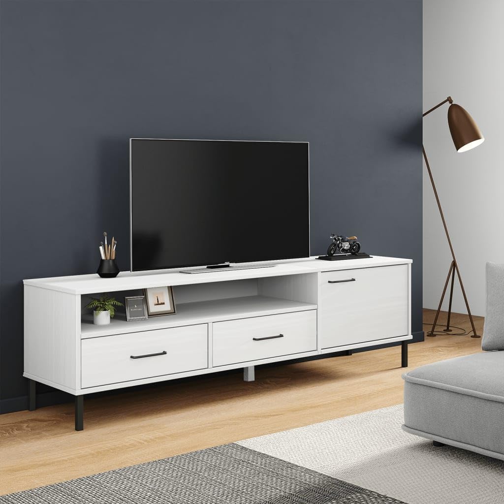 Meuble TV bas Oslo en pin massif et pieds en métal blanc pour votre salon