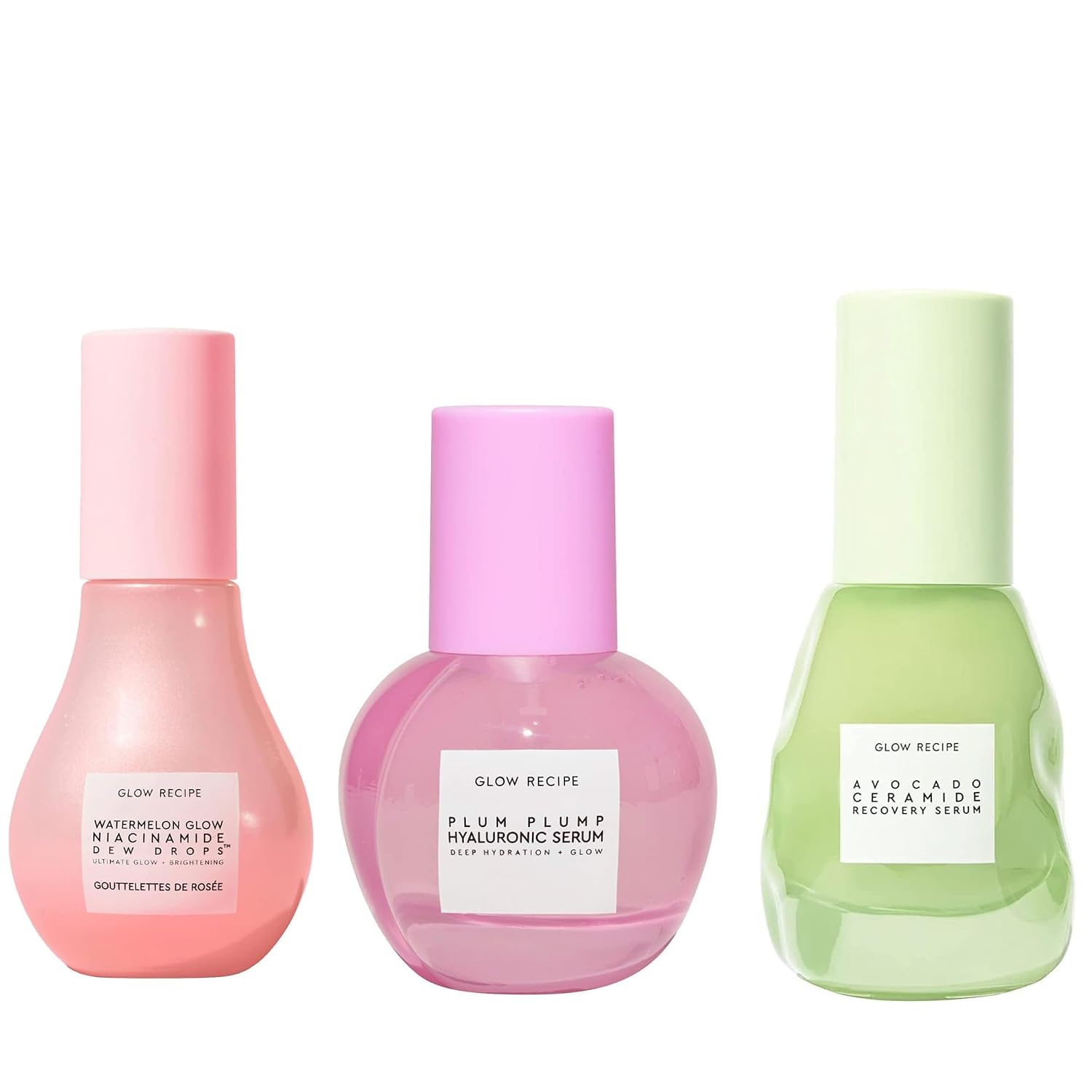 Glow Recipe Niacinamide Dew Drops Facial Serum & Illuminating Makeup Primer (40 ml) + Plum Plump Hyaluronic Acid Skin Care Serum with Antioxidant Plum (30 ml) + Avocado Ceramide Serum (30 ml)