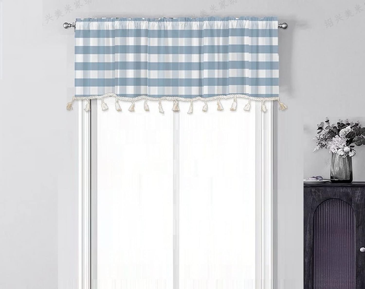 A.Monamour Short Curtain for Small Window Blue Gingham Plaid Checkered Pattern Farmhouse Window Treatment Valance Window Panel Drapes Half Curtain for Kitchen Café Bedroom Cabinet Curtain Door Curtain