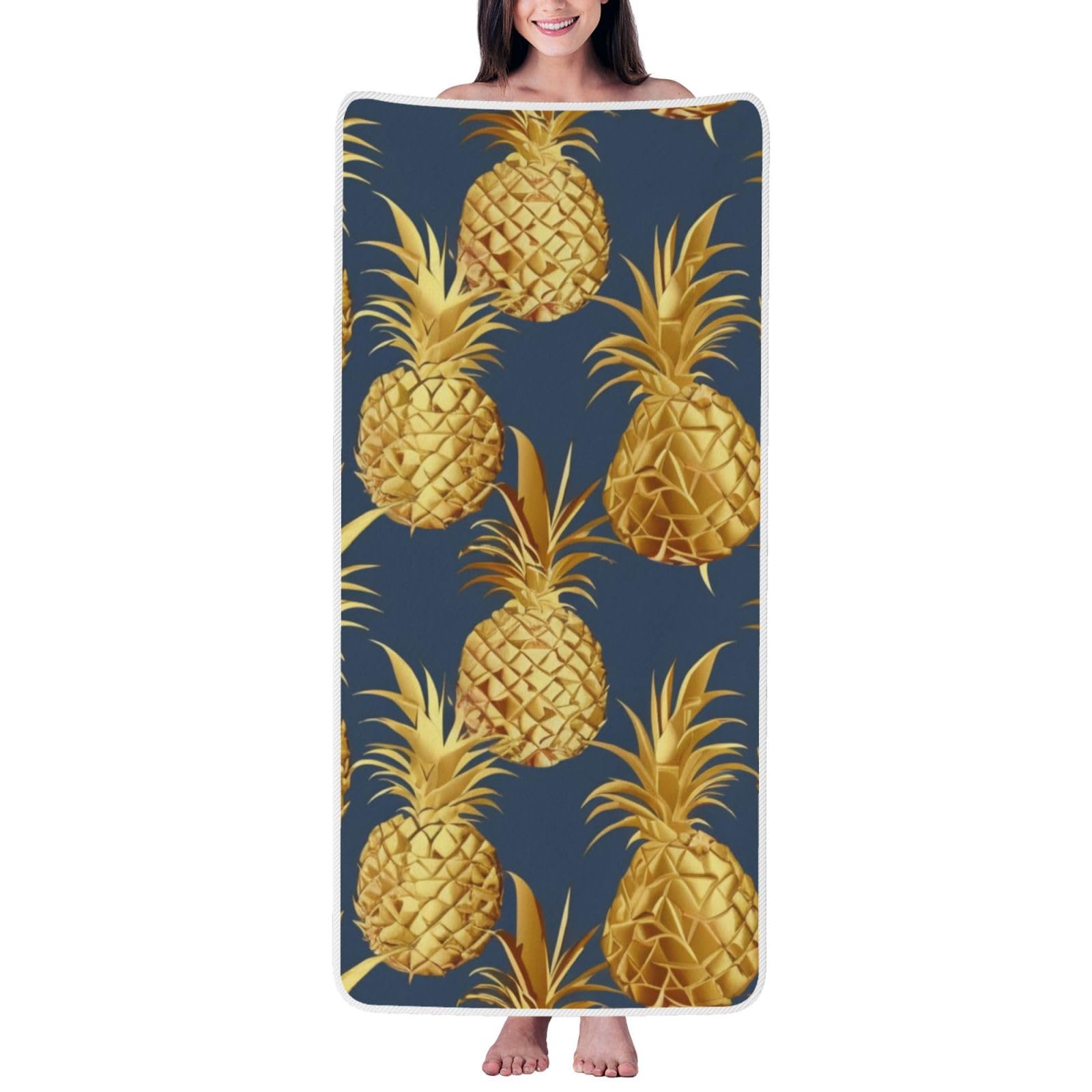 WPKJU Gold Pineapple Background Printed Bath Towel with White Edging - 27x55 in Soft Extra Absorbent Coral Velvet Shower Towels for Bathroom