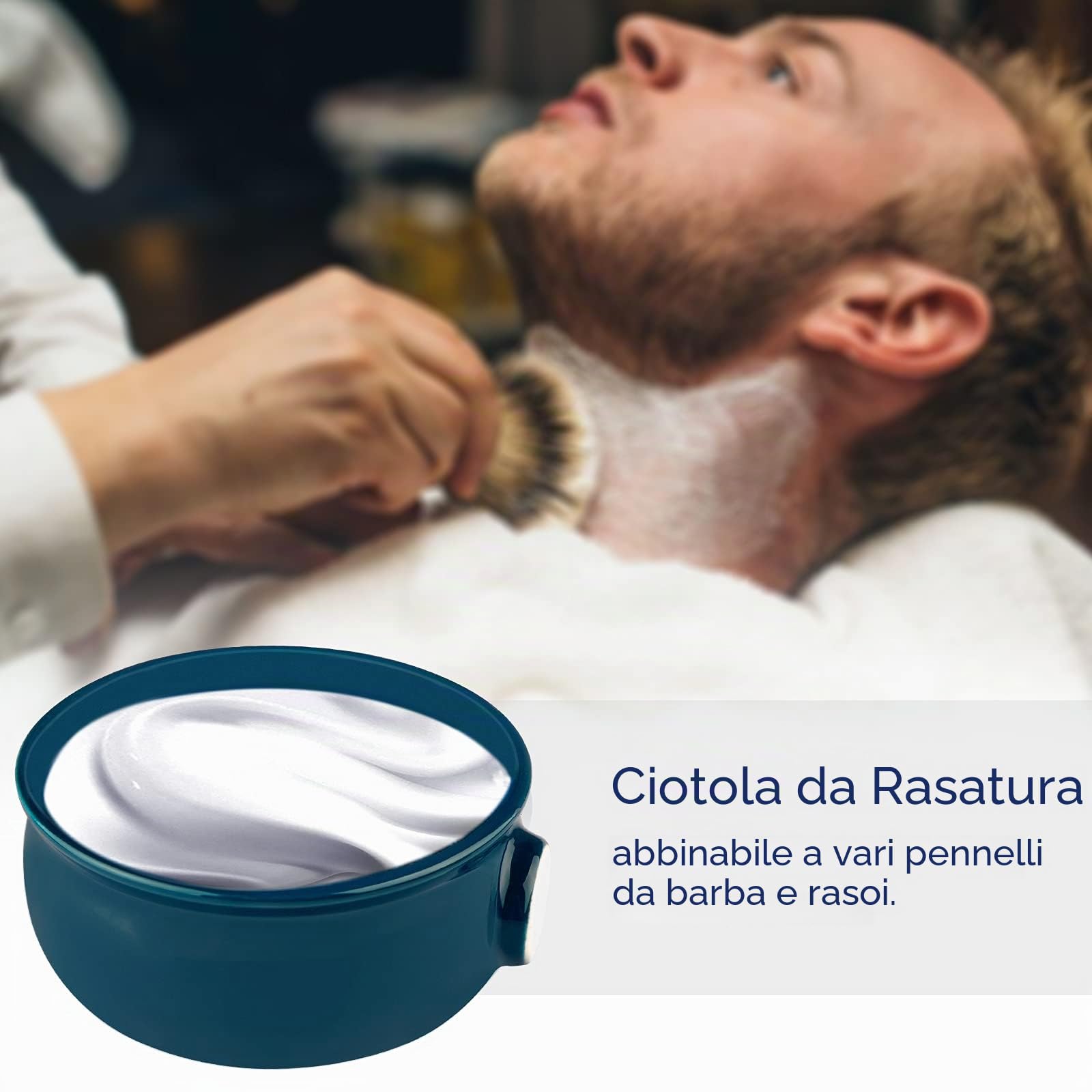 Linkidea Ciotola per Sapone da Barba in Ceramica con Manico Antiscivolo, Bocca Larga, Grande Capacità, Creste Più Facili da Insaponare, Ciotola per Crema da Barba per Rasoio Umido per Uomo, Blu Lago