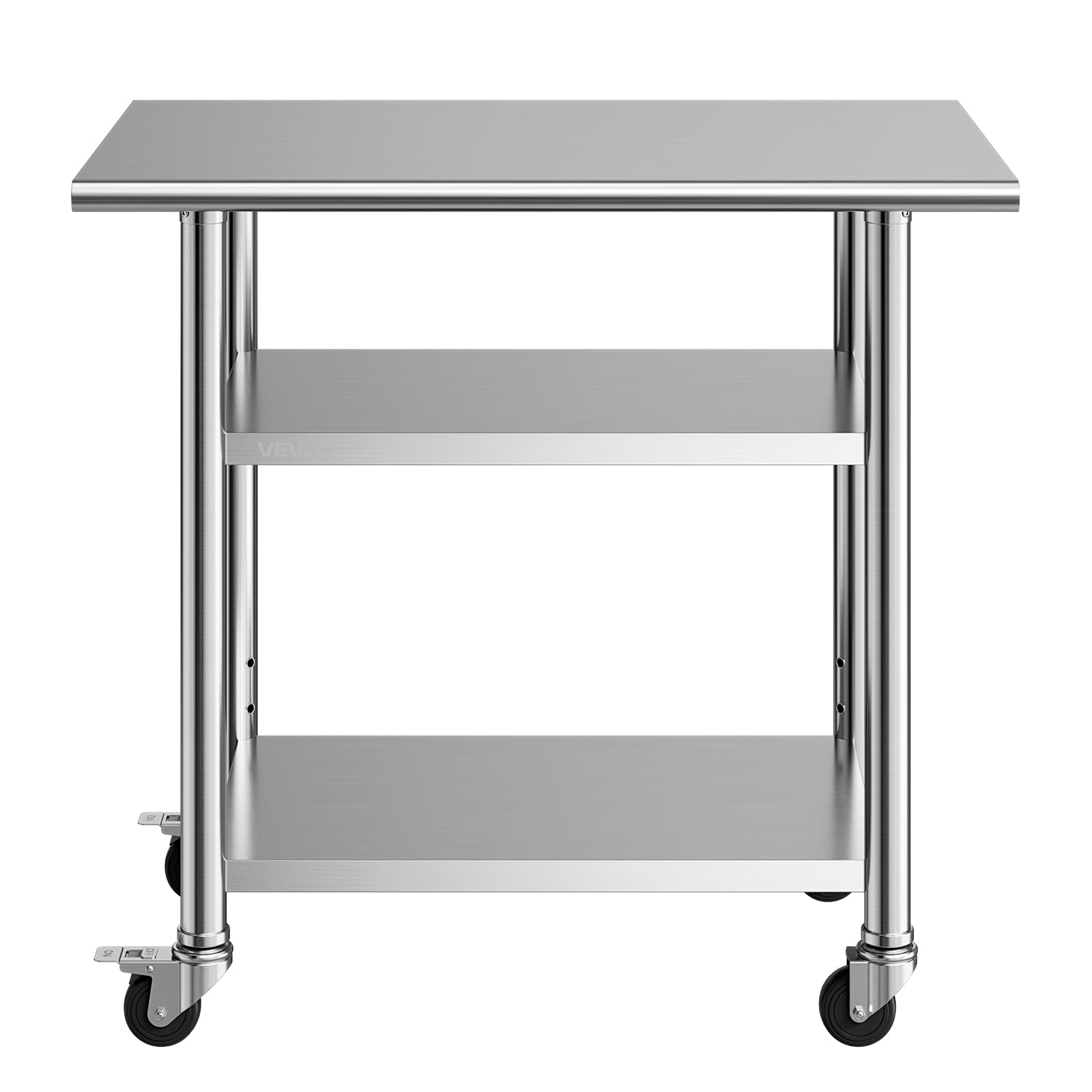 VEVOR Mesa de Preparación con Ruedas 91,5 x 61 x 86,4 cm, Mesa de Trabajo de Acero Inoxidable 3 Niveles, con Estante Ajustable, Bordes Redondeados, para Restaurantes, Hoteles, Cocinas, Garajes