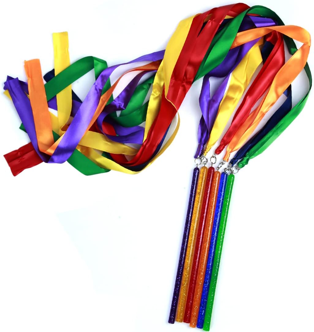 GSI Satin Ribbon and Plastic stick Gymnastic wand with ribbon, Multicolour, Pack of 6
