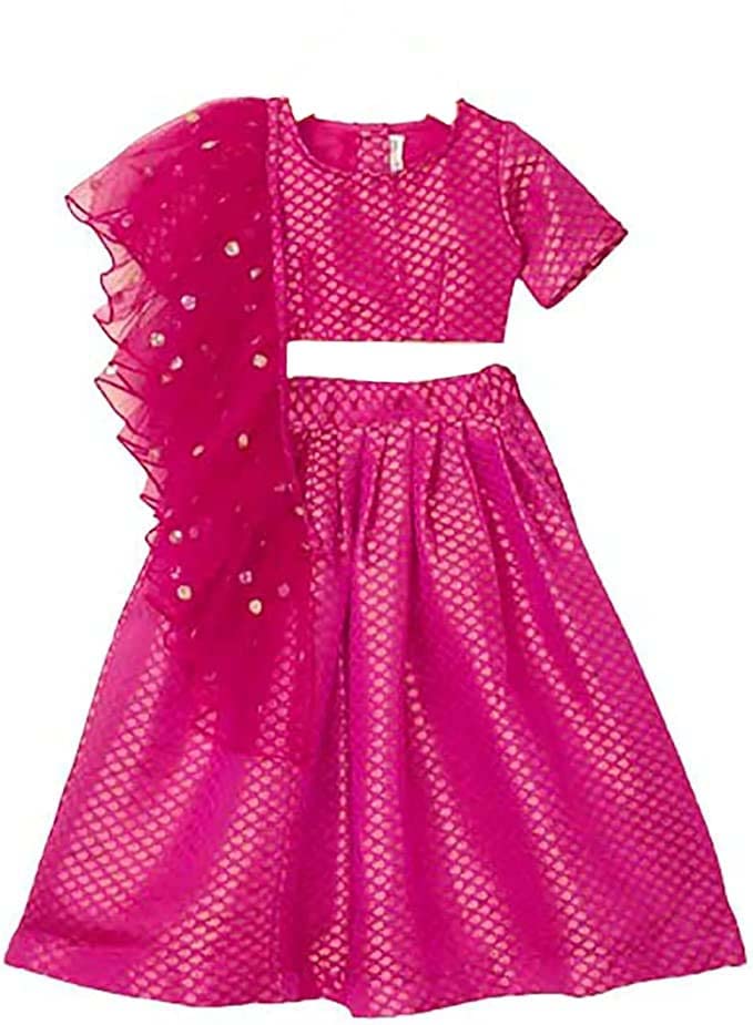 Raw Silk & Dupion Silk Fabric Short Sleeve Party & Wedding Wear Lehenga Choli for Kids (Size 0-6 Months) (Color-Black & Golden)