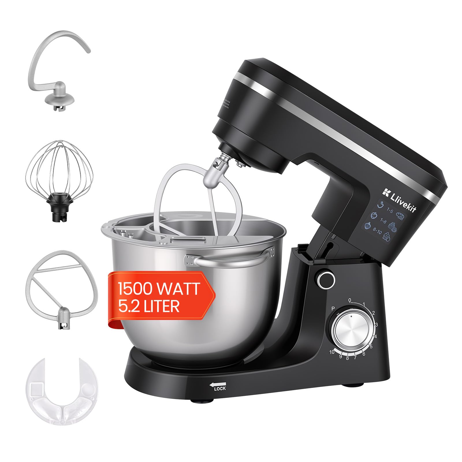 LLIVEKIT 1500W Küchenmaschine, 5,2L Edelstahl-Rührschüssel, Knetmaschine Rührmaschine mit 10 Geschwindigkeiten + Pulsfunktion, Überhitzungsschutz, Multifunktional Haushalts-Backgerät