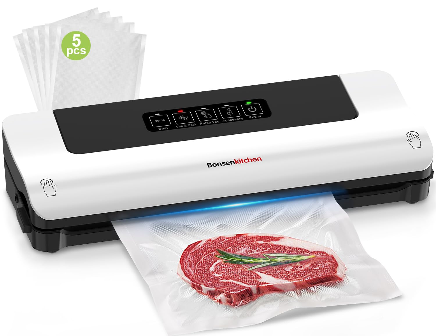 Bonsenkitchen Kompaktes Vakuumiergerät - Vacuum Maschine Vacuum für 15 seconds suitable for Sous Vide, Fleisch, Käse und Essenszubereitung - Effektive Verlängerung der Frische von Lebensmitteln