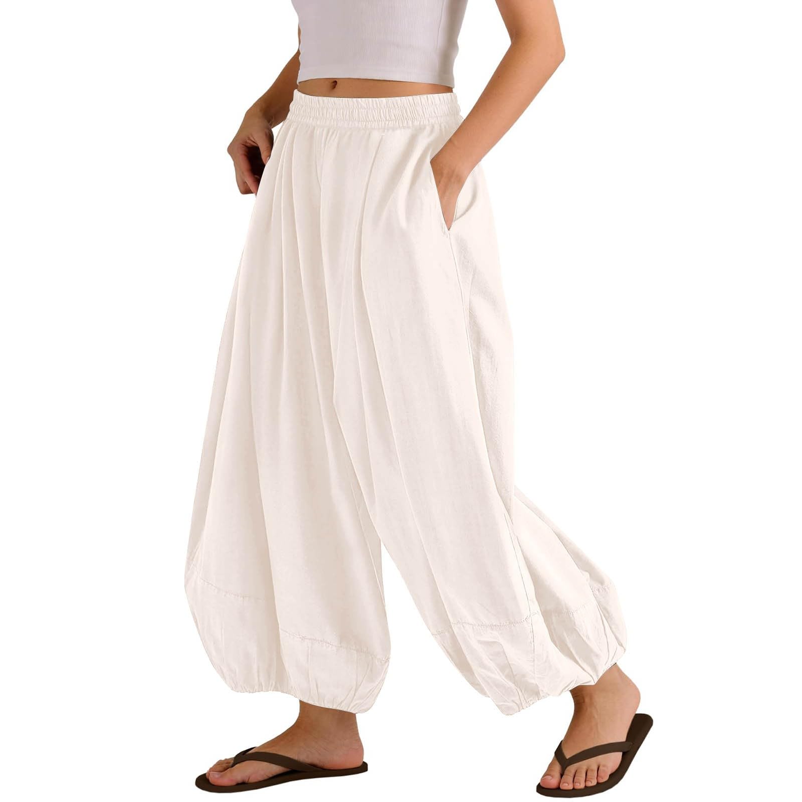 yaoeye Womens Barrel Pants Baggy Wide Leg Pants Casual Palazzo Boho Pant Moonflower Pull-On Balloon High Waisted Trousers