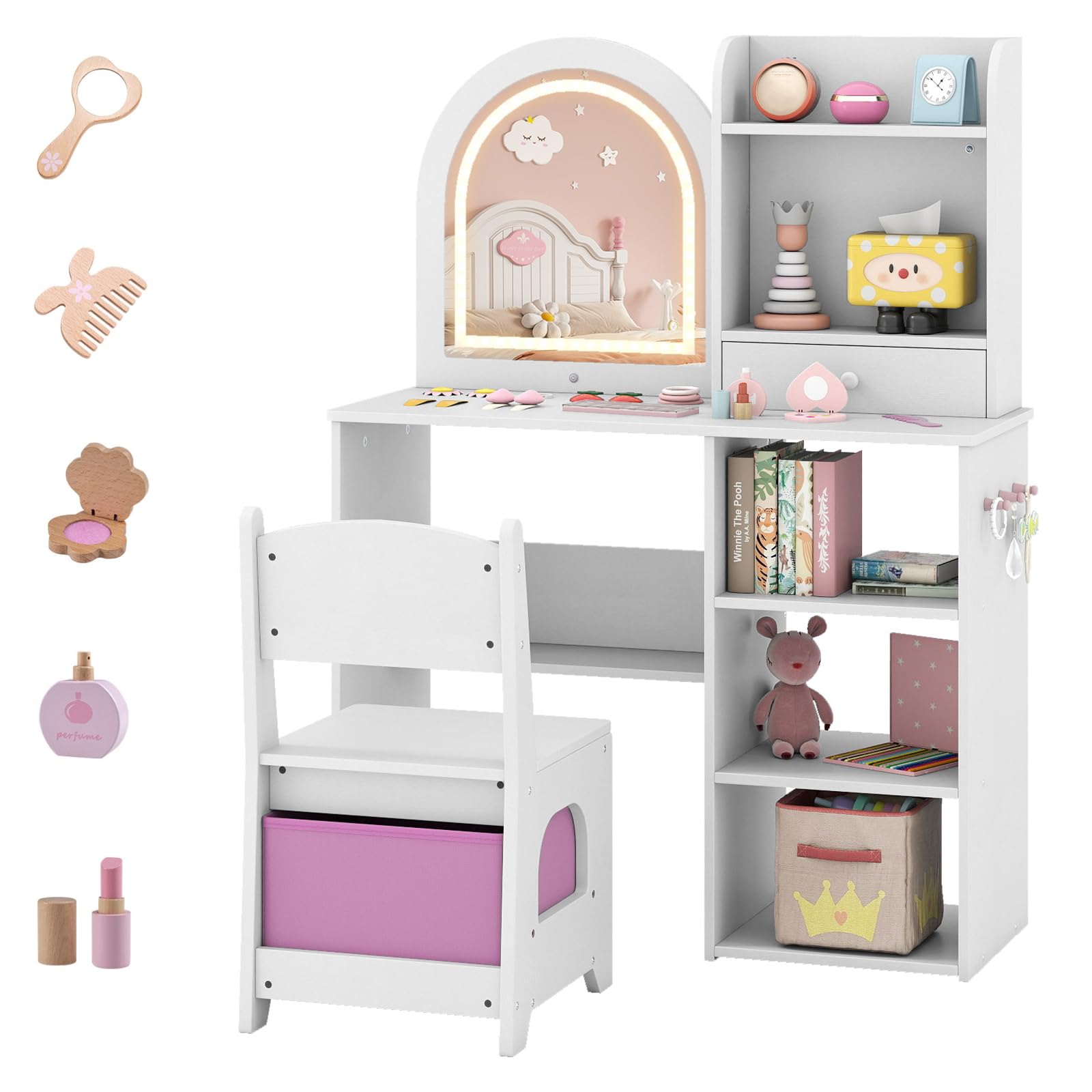 Costzon Kids Vanity with Lights, Girls Vanity Set with Mirror, Storage Drawer, Hooks &amp; Shelves, Toddler Makeup Vanity Desk Dressing Table, Wooden Kids Vanity Table and Chair Set (White)