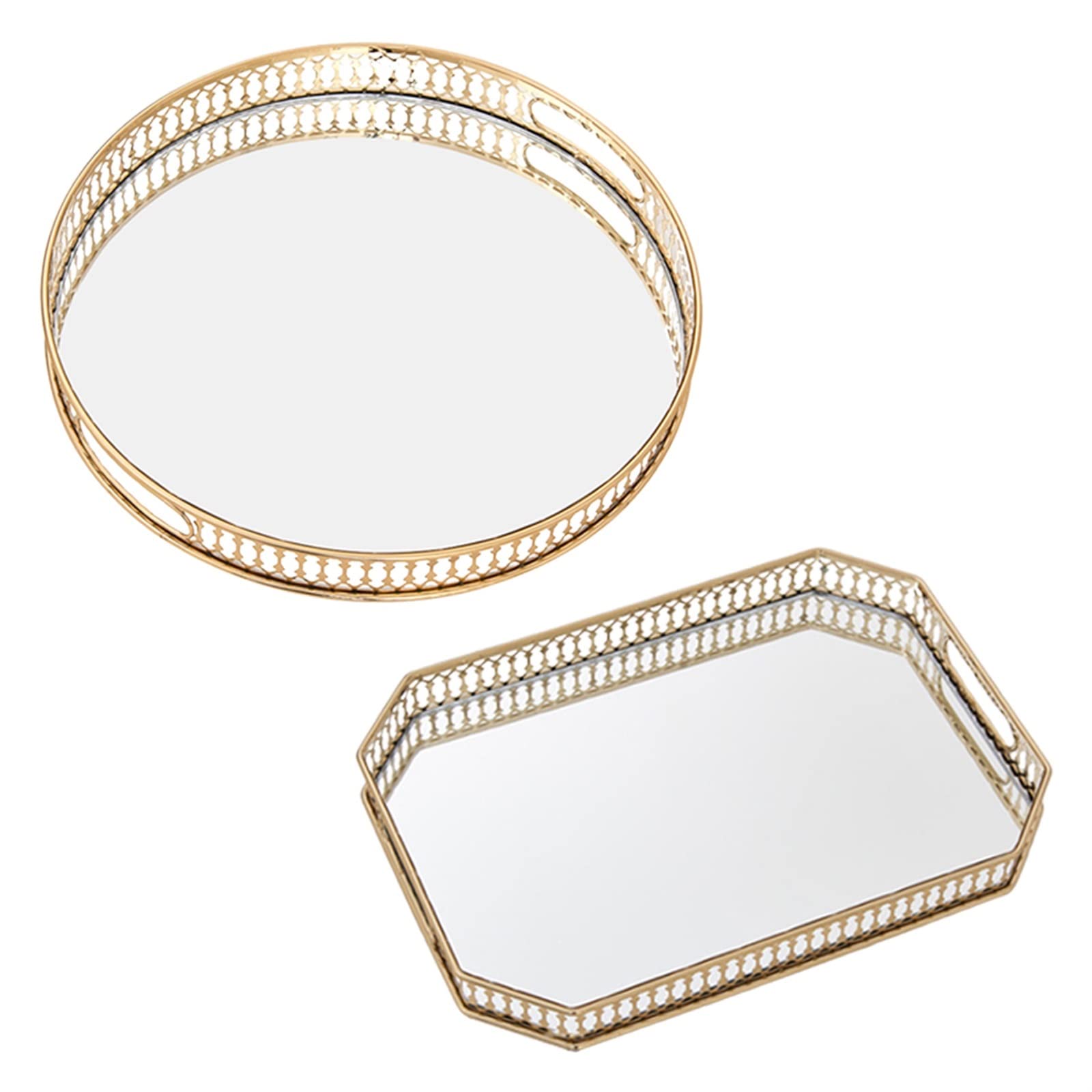 Bandeja redonda de metal para tocador con espejo y cristal, bandeja de desayuno decorativa para maquillaje, joyas y perfumes, elegante decoración del hogar