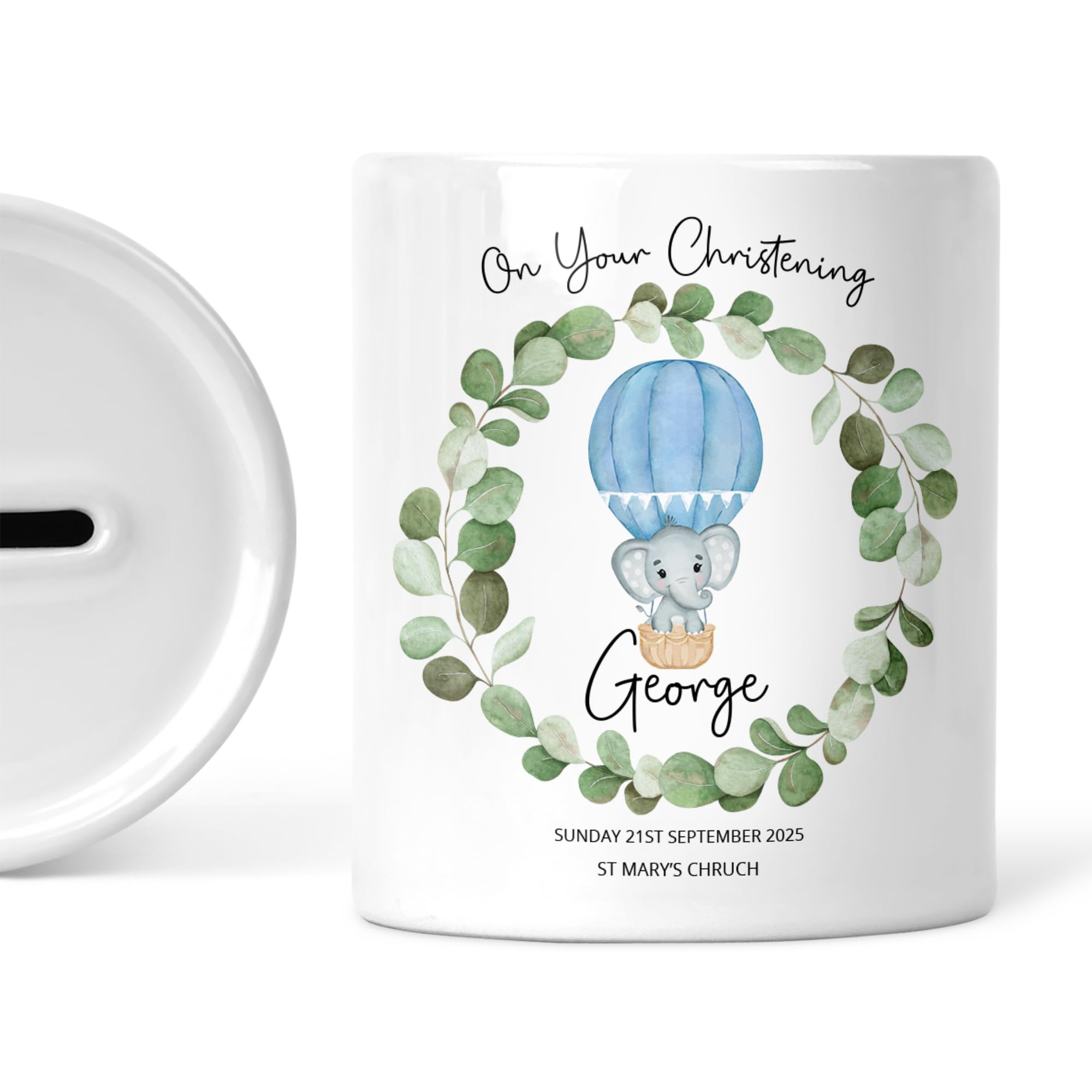 Personalised Christening Money Box - Ceramic Piggy Bank with Name & Date - Baptism Keepsake for Baby Boy — image 1