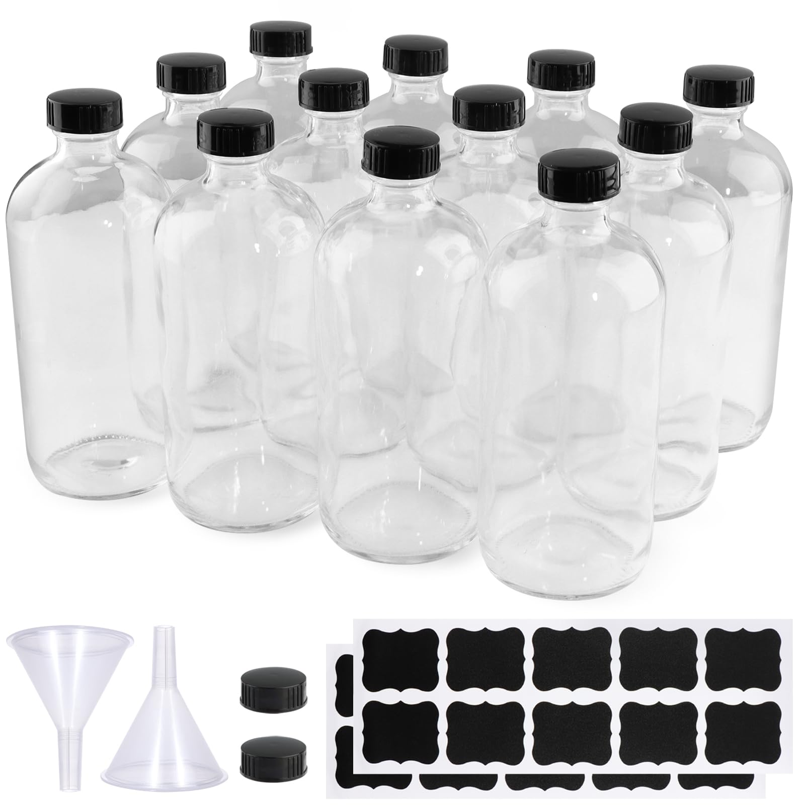 12 Pack 16 oz Clear Glass Bottles, Boston Round Sample Bottles with Black Poly Cone Caps, Labels and Funnels
