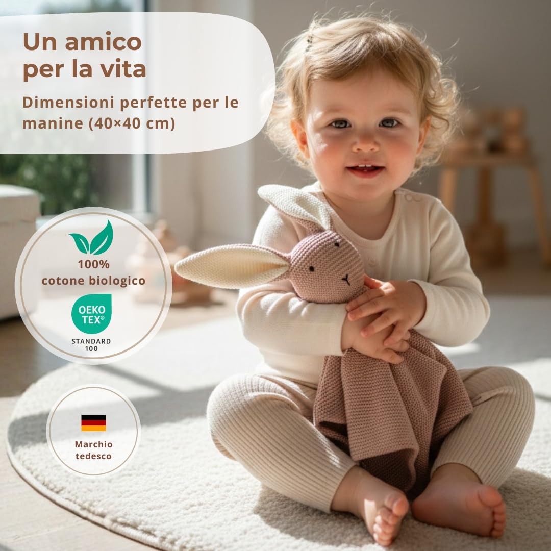 DIKOS® Doudou Neonato Coniglietto & Calzini Rosa Antico – Set Regalo Premium in Morbido Cotone Biologico Lavorato a Maglia (Oeko-TEX) – Copertina Coccole come Primo Peluche –Regalo Nascita Bimba