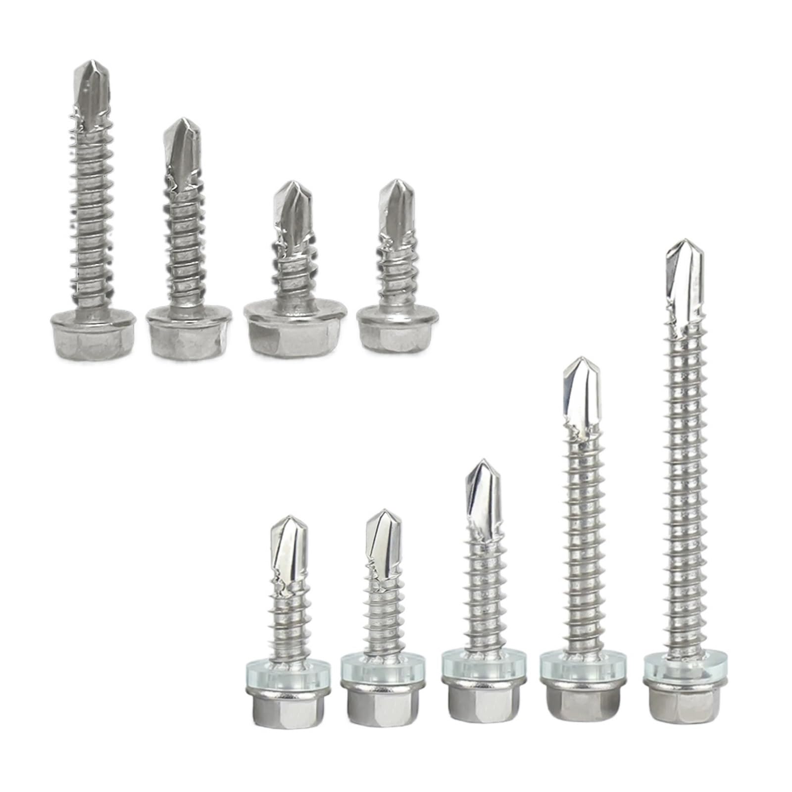 Kit assortimento di viti autofilettanti Tek in acciaio inossidabile 410 da 385 pezzi, include misure n. 8, n. 10 e n. 12, for progetti industriali e fai da te.