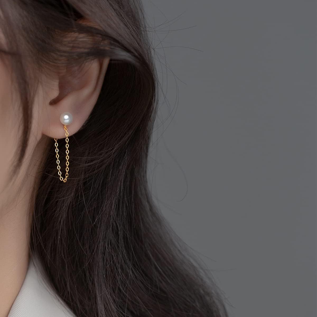 Reffeer Solid 925 Sterling Silver Pearl Chain Dangle Earrings Tassel for Women Teen Girls Pearl Chain Drop Earrings Studs - Image 2