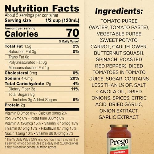 Image of Prego Hidden Super Veggies Traditional Pasta Sauce, Plant Based Sauce, 24 Oz Jar (Pack of 4)