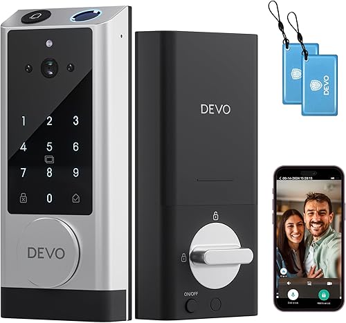 Devo Cerradura inteligente de video G1 con cámara y timbre, cerradura de puerta de entrada sin llave 6 en 1 con control remoto de aplicación,
