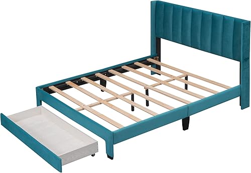 Miniatura 13 de Cama de plataforma de tamaño Queen con cajones para dormitorio, marco de cama tapizado de terciopelo para niños, niñas, adolescentes y adultos, no