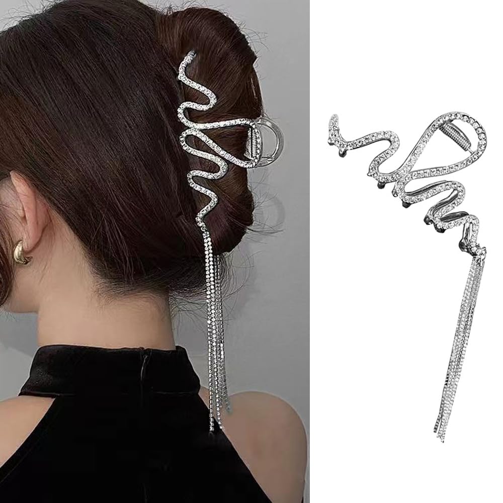 Photo 1 of ?Snake Claw Clips Hair Clip for Women - Rhinestone & Sliver Tassel Hair Claw Clips Non-Slip French Hair Barrettes for Thick Hair | Wedding Birthday Party Hairstyles Styling Hair Accessories for Women