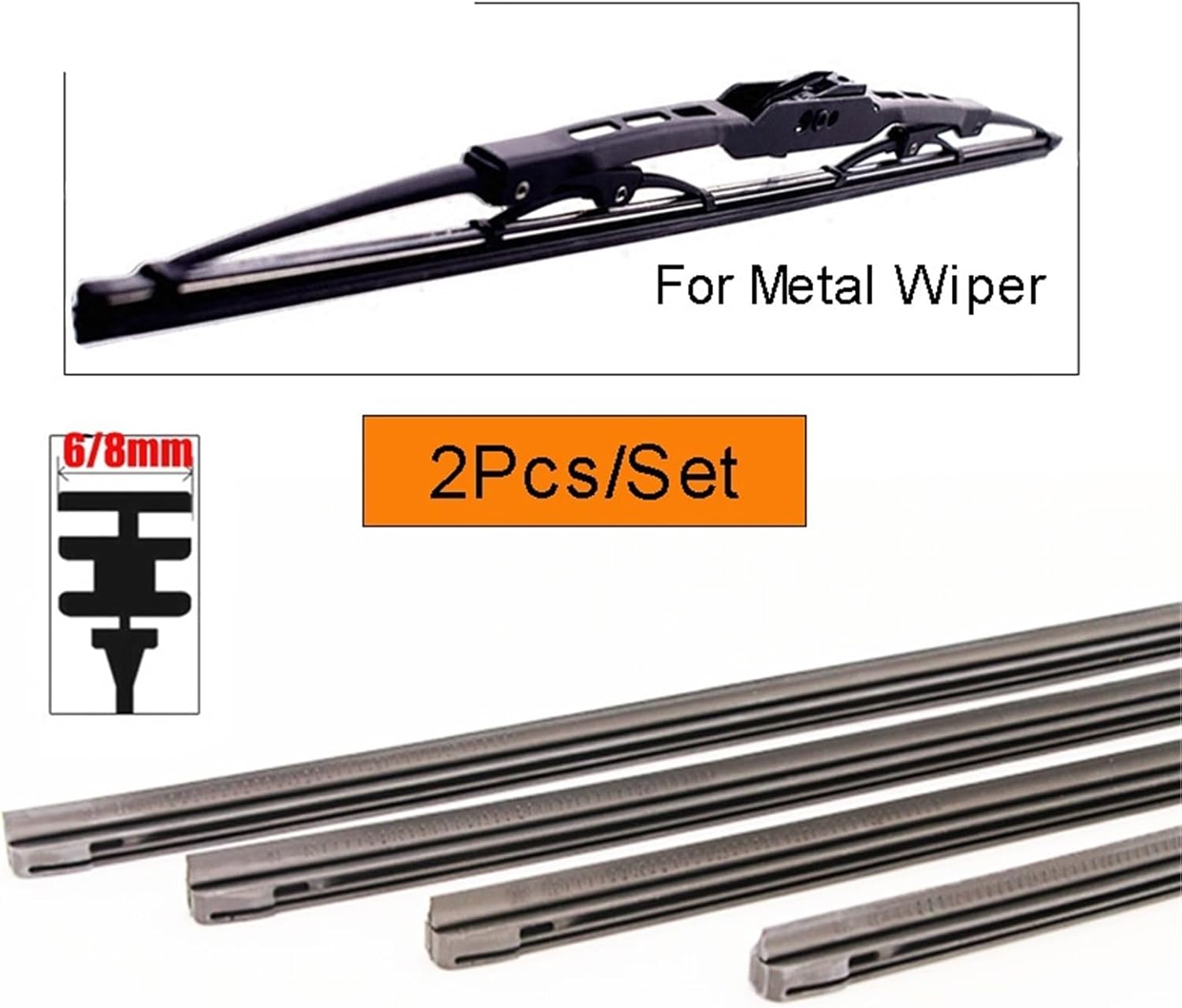 2PCS 6mm/8mm Car Auto Rubber Strip Refills For Metal Wiper Blades Windshield 14" 16" 22" 24" 26" Vehicle Insert Soft Refill(2Pcs 24 inches 6mm)