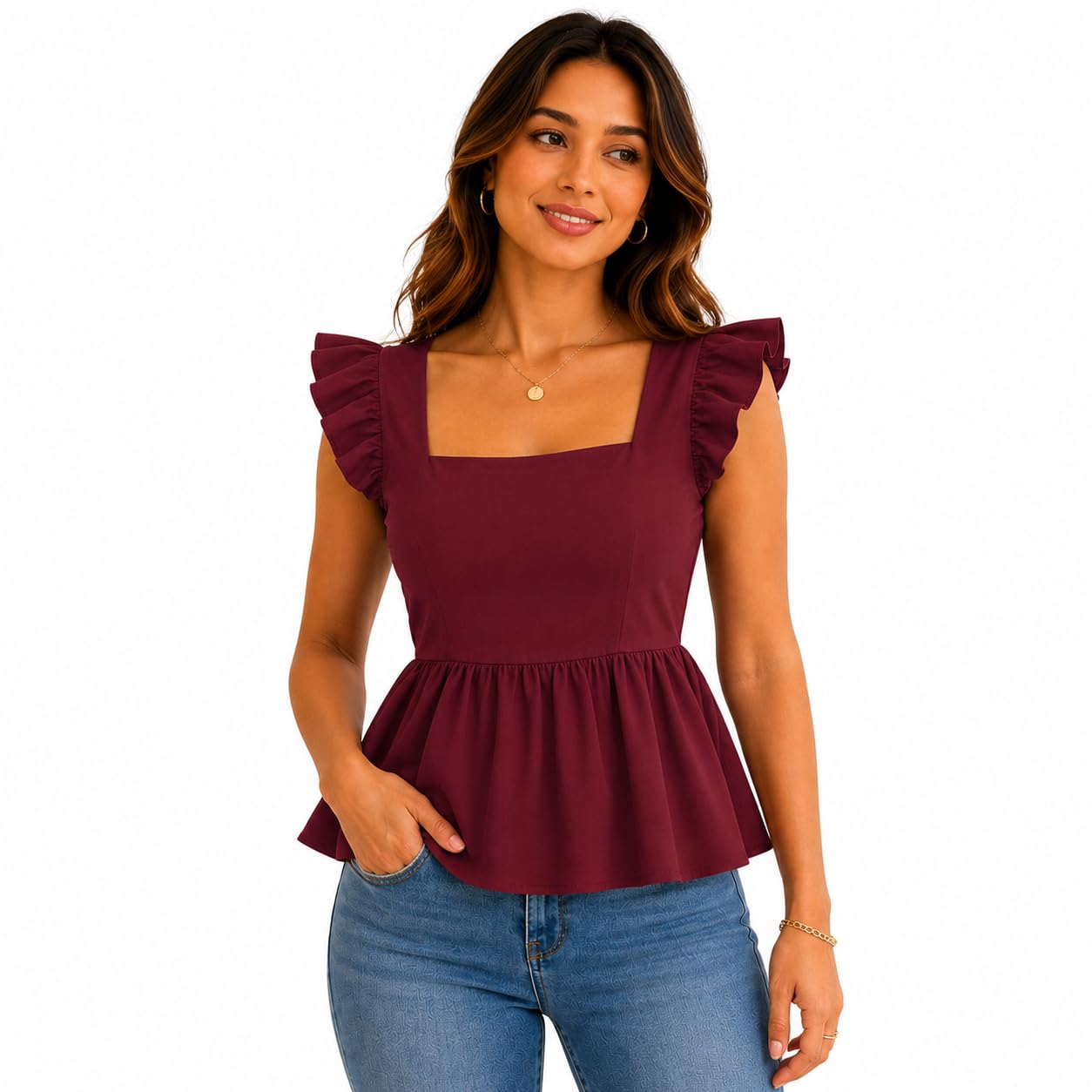 abirra Women Sleeveless Ruffle Peplum Top for Women | Premium Soft Crepe Square Neck Shirt Top for Girls | Stylish Casual Summer Top with Back Zip Closure-picture-50