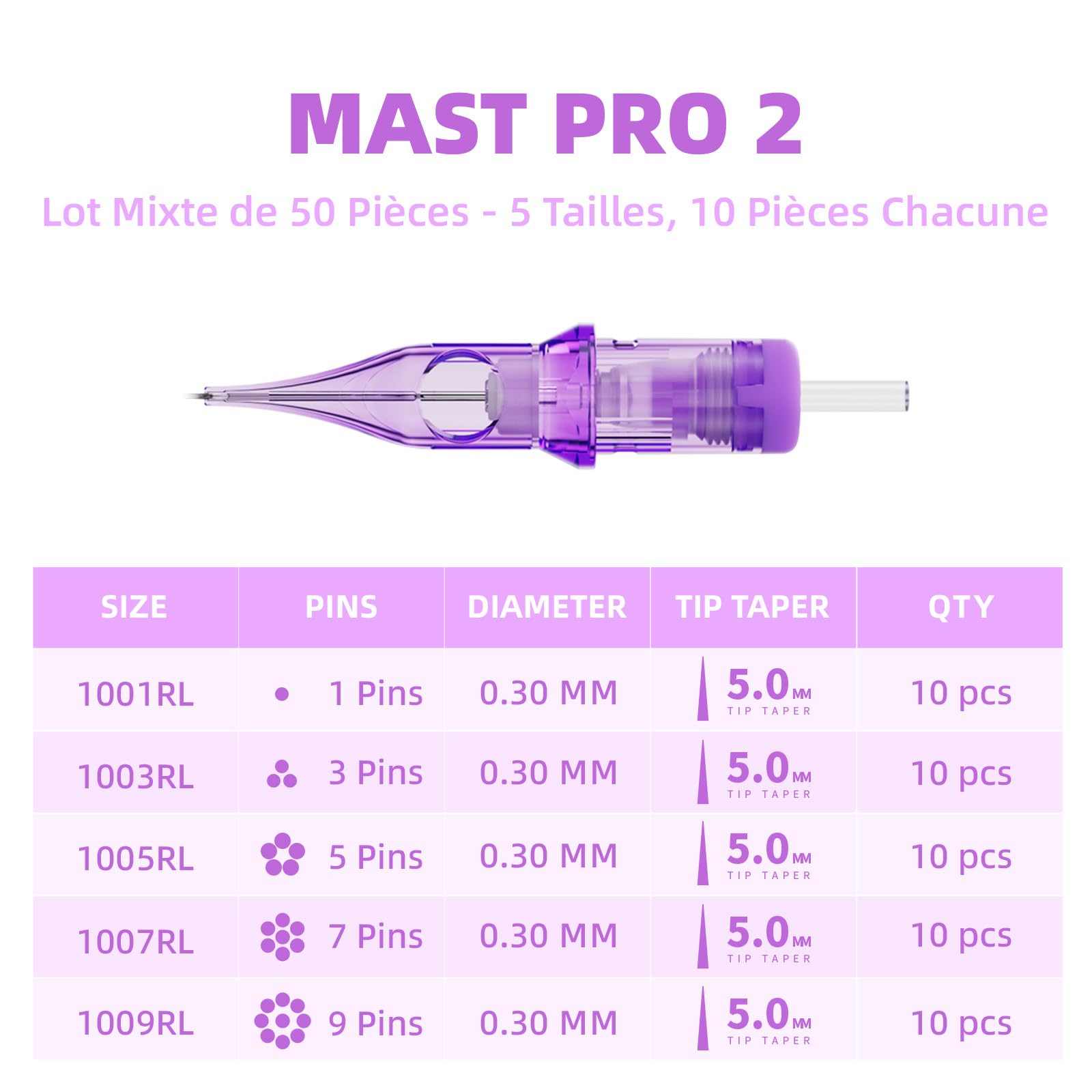 Mast Pro2 Aiguilles de Tatouage Set Mixed Size 50pièces #10 Bugpin Round Liner Curved Magnum Shader Cartouche de Aiguille 1RL 3RL 5RL 7RL 9RL de Tatouage de Machine à Tatouer
