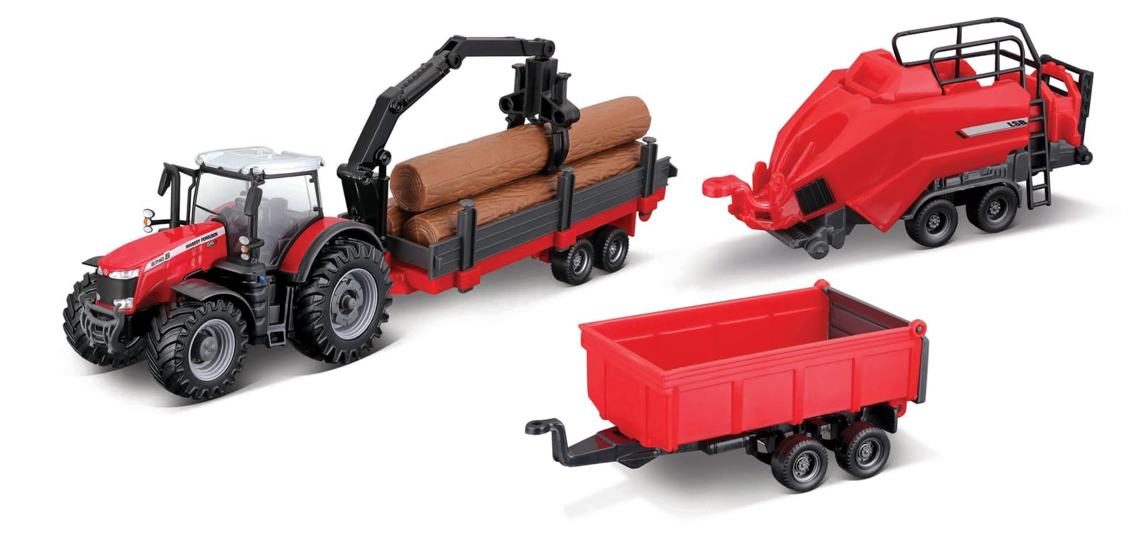 Tracteur rouge métallique haut de gamme avec ses 3 roues de remorque