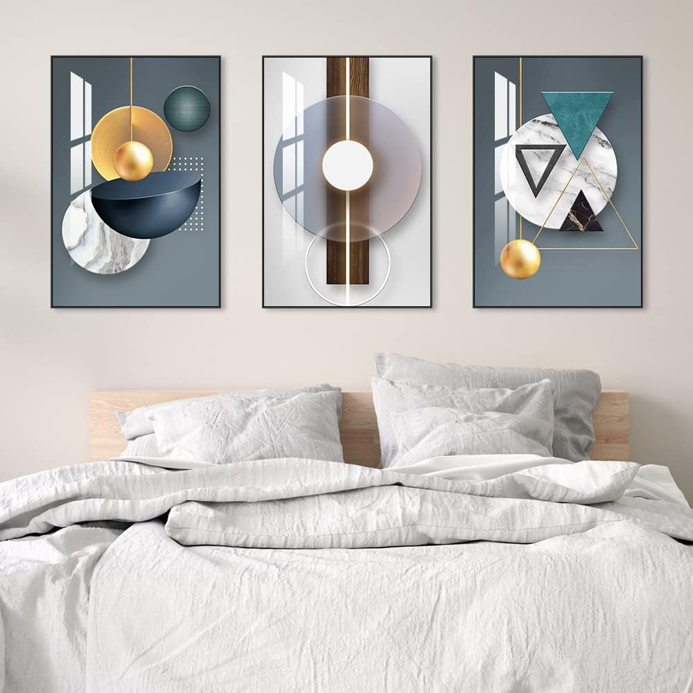 ARTKN 3 Pieces Abstract Framed Canvas Wall Art, Geometry Art Shape Pattern Paintings,Modern Artworks Wall Decor for Living Room Bedroom Office Decoration(Blue, 24" X 32" X 3 pieces)