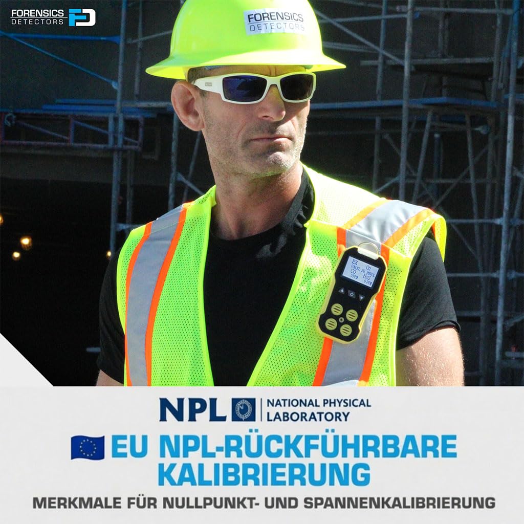 4-Gas-Messgerät mit Pumpe | EU-Kalibrierzertifikat | O2, CO, H2S, LEL | USB-Ladung | Großes hintergrundbeleuchtetes Display