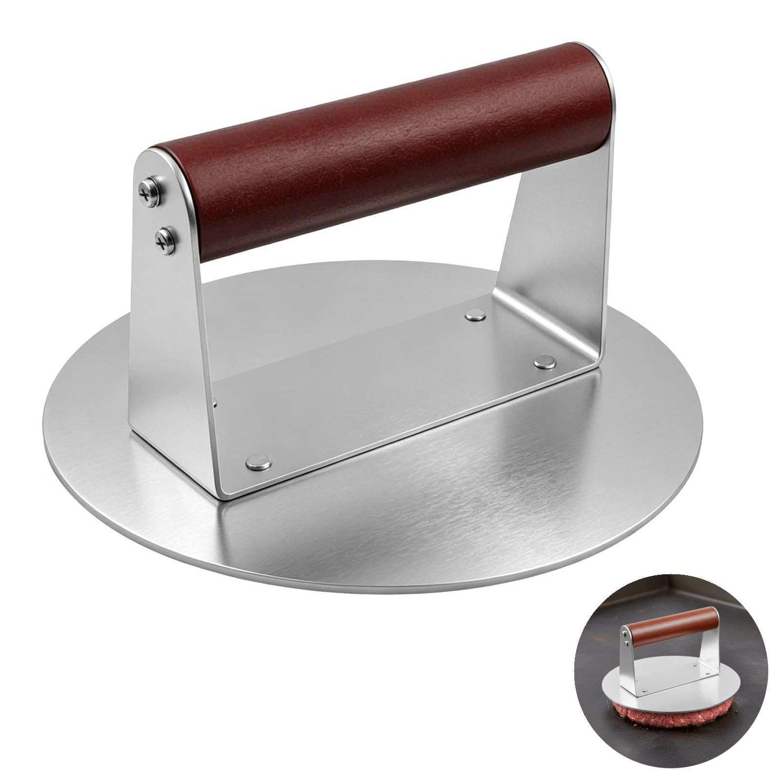 Skdqiee Stainless Steel Burger Smasher with Wood Handle, 6.3 in Manual Round Meat Press, Heavy-Duty Flat Grill Tool Burger Smasher, Barbecue Grill Press for Meat, Patty, Steak, Bacon