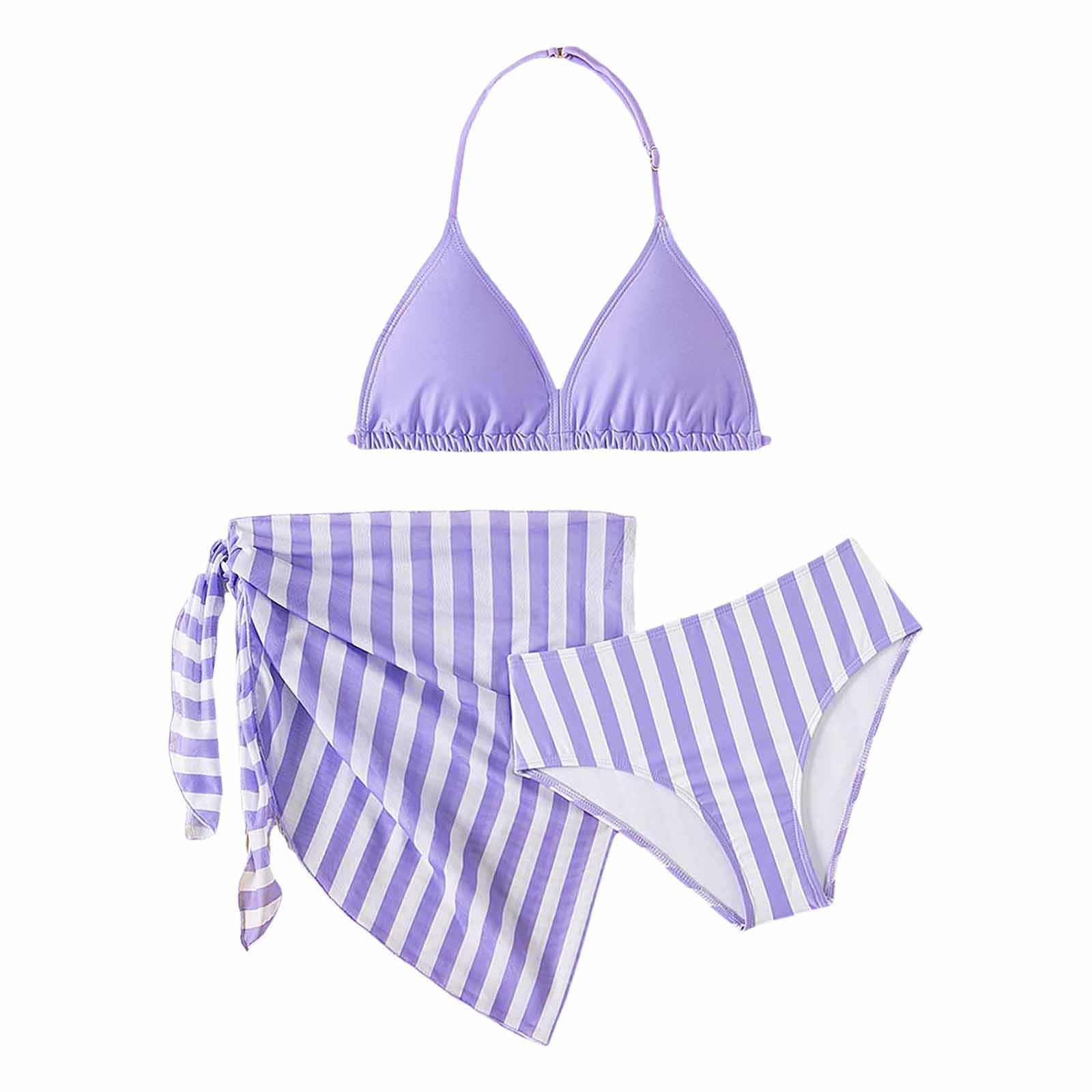 Cokbyavla Girls 20Purple 'S 3 Piece Swimsuits Halter Bikini Set, Swimsuit 3Pcs Bikini Flower White Kids Bathing Suit Cover Up Teen Tankini Swimsuits Bikini Set Of 3(,11-12 Years)