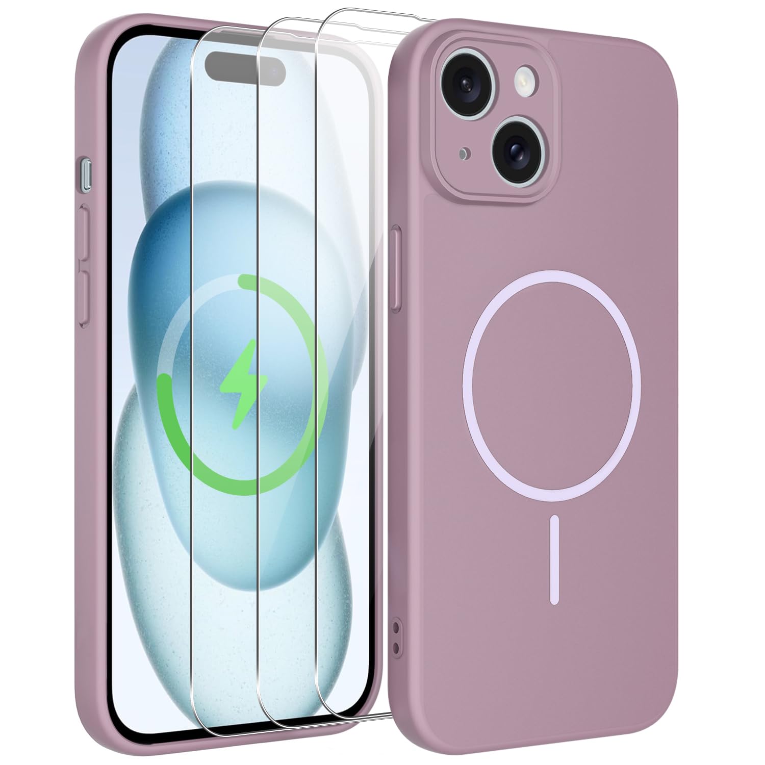 jrester Cover Magnetica per iPhone 15, PC+TPU Bumper Shockproof con Magnetsicher, Custodia Robusta Resistente agli Urto con 3 Vetro Temperato Pellicola Protettiva - Viola