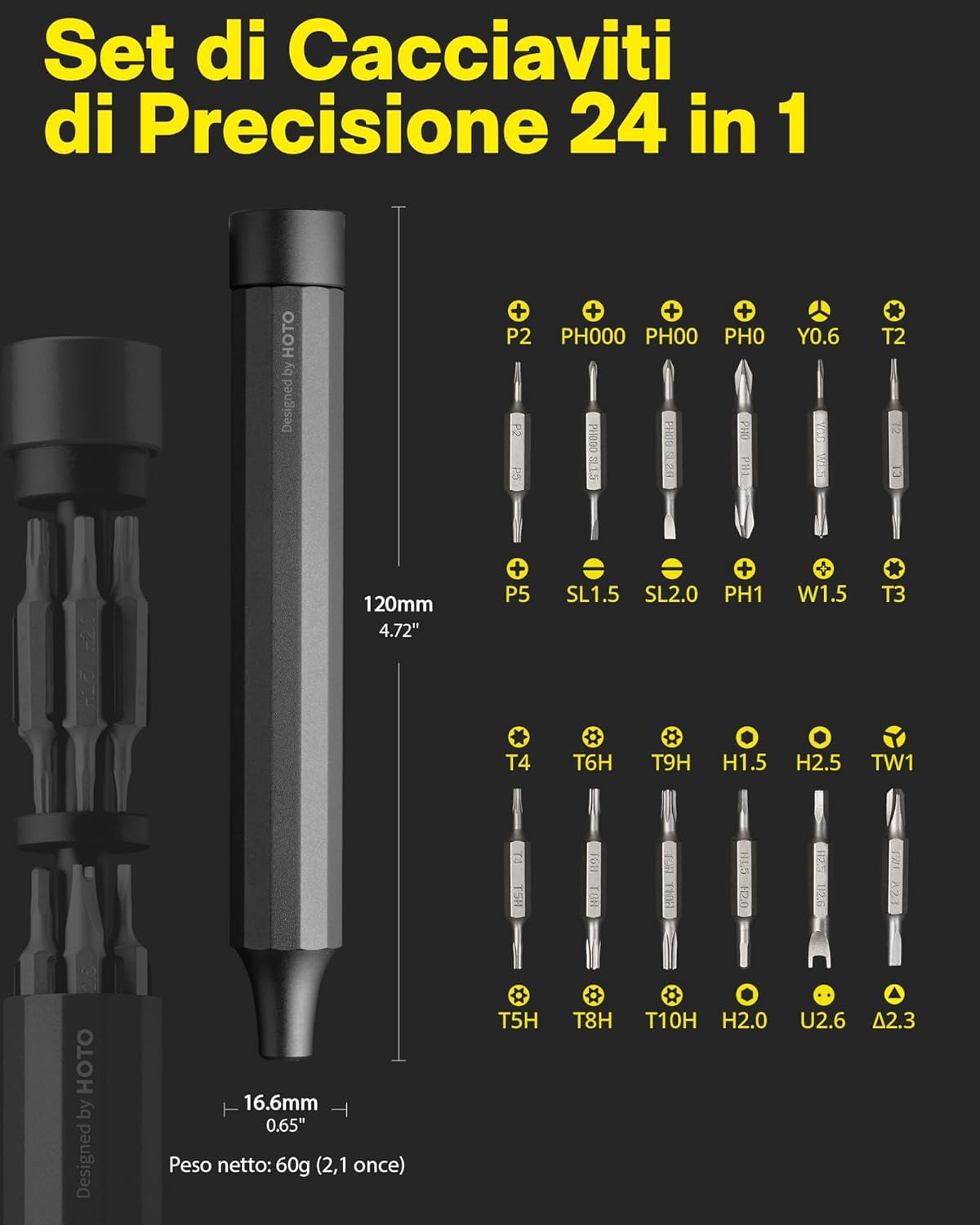 HOTO 24 in 1 Set Cacciaviti Precisione, Mini Cacciavite per Occhiali, Punte Torx Magnetiche, Kit di Riparazione per Elettronica, Orologi, Smartphone, PC Portatili, Fotocamere, Gadget Tech