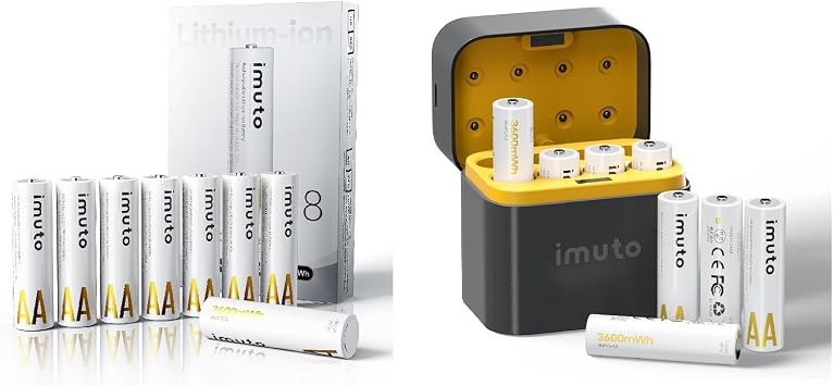 imuto 24pack 3600mWh aa Lithium Batteries,8 Slot Storage Box Style Lithium aa Battery Charger,Rechargeable aa Batteries with Charger,1.5V 2A Output, 1600+ Cycle Life