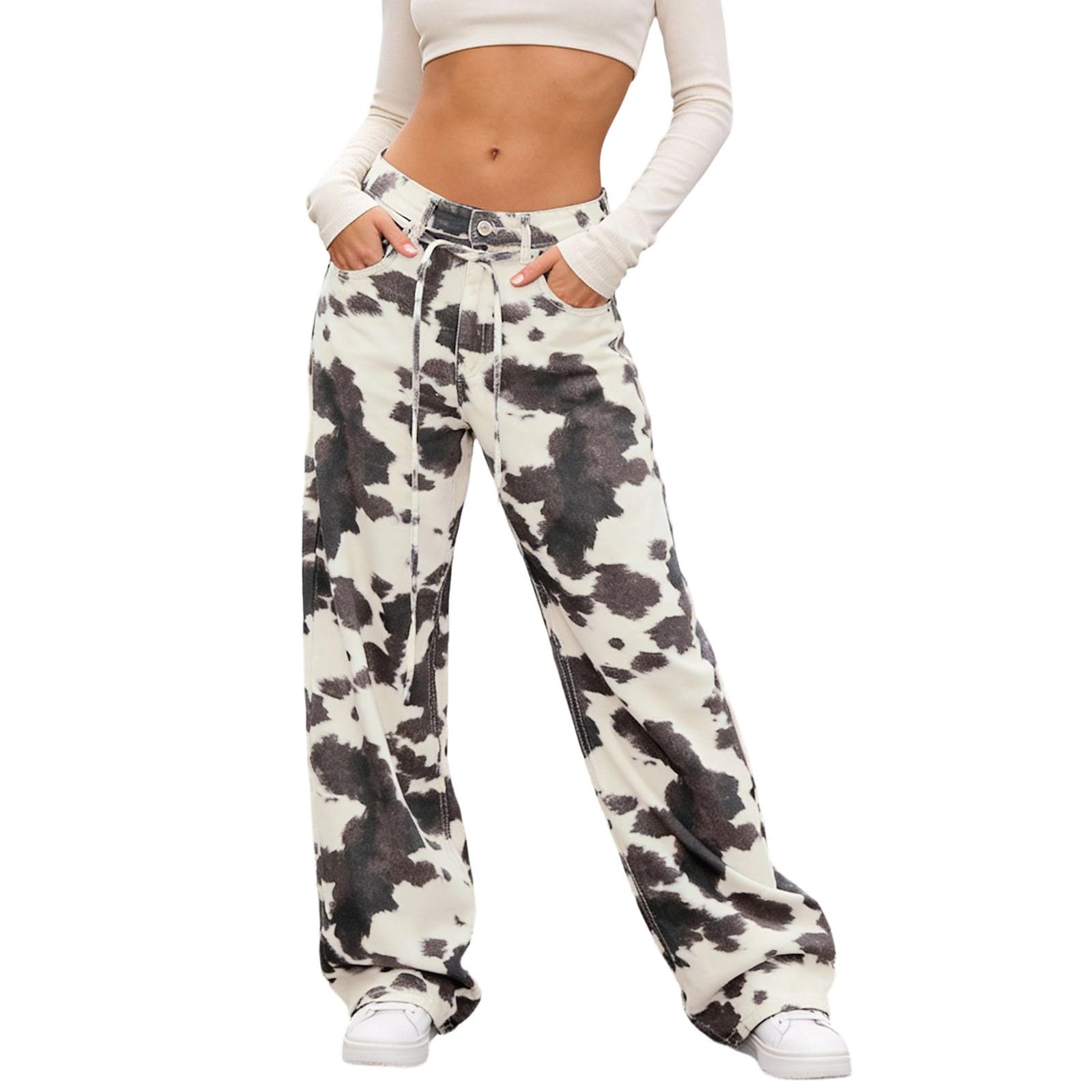 Pantalon Fluide Femme été, Pantalons De Sport Femme,Jean Délavé pour À Motif Bovin Décontracté Coupe Droite Confortable en Denim Casual