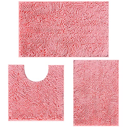 Bathroom Rugs Sets 3 Piece Chenille Bath Mats Anti-Slip Bath Rugs with Soft Plush PVC Backing Water Absorbent Carpet 1'' Quick Dry Microfiber Toilet Mat, Pink Pink 3 piece