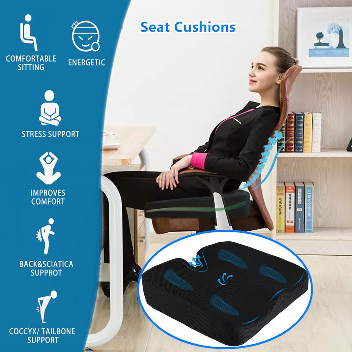 Cuscino per Seduta in Memory Foam, Cuscinetto di Grandi Dimensioni, Cuscino Booster per Sollievo della Pressione del Coccige per Sedia da Ufficio, Sedie da Gaming, Sedile Auto, Sedie a Rotelle